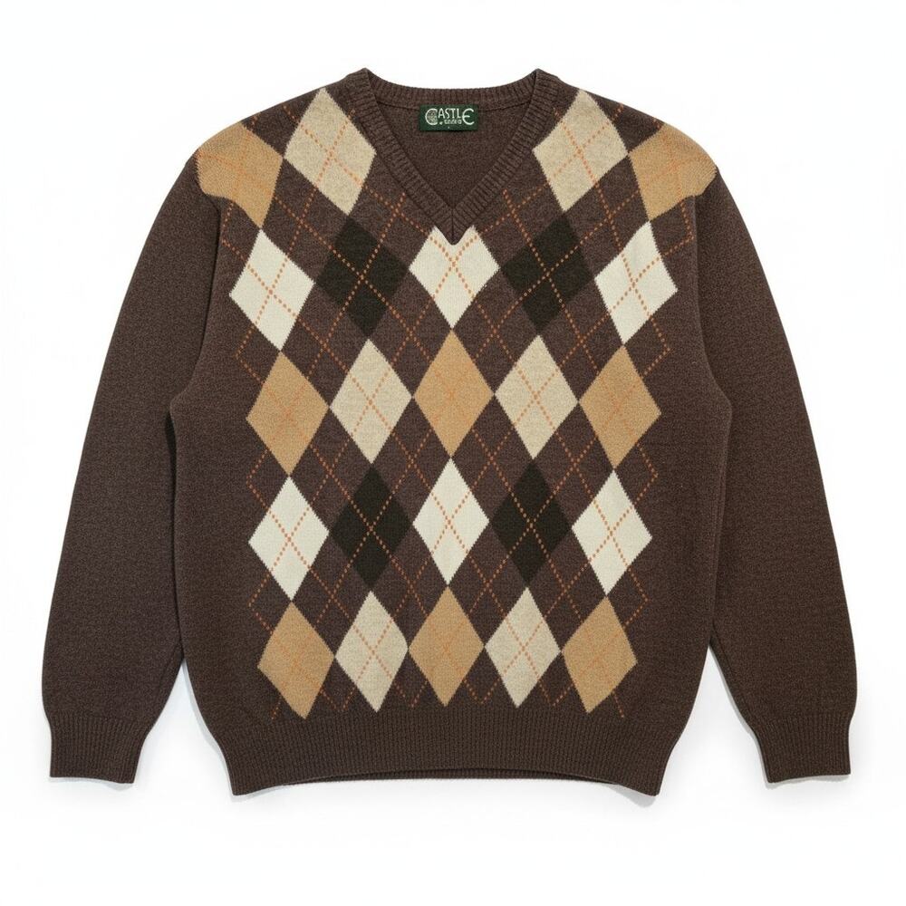 Castle of Ireland Mens Brown Argyle V-Neck Sweater Lambswool Blend Grandpa LG
​
